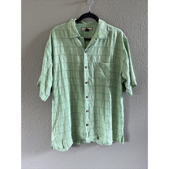 Tommy Bahama Shirt Mens Medium Green Silk Plaid  Button Up Short Sleeve Camp - Picture 2 of 9